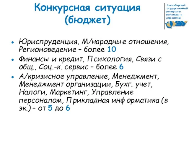 Конкурсная ситуация (бюджет) Юриспруденция, М/народные отношения, Регионоведение – более 10 Финансы