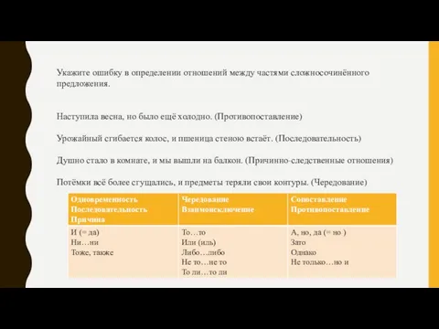 Укажите ошибку в определении отношений между частями сложносочинённого предложения. Наступила весна,