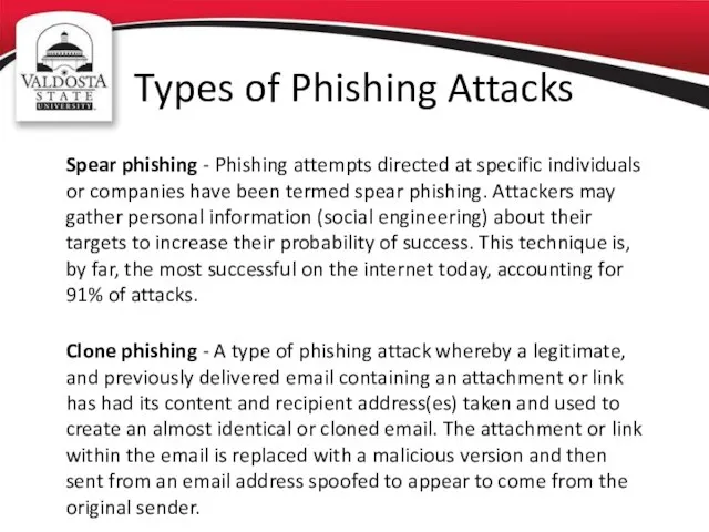 Types of Phishing Attacks Spear phishing - Phishing attempts directed at