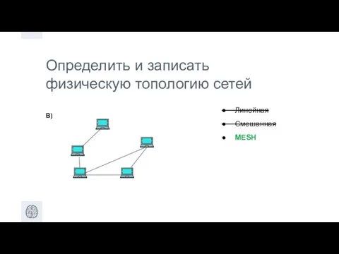 Определить и записать физическую топологию сетей В) Линейная Смешанная MESH