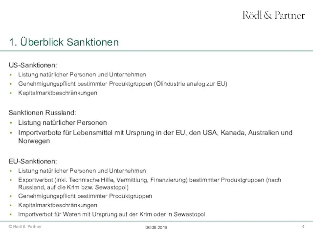 1. Überblick Sanktionen US-Sanktionen: Listung natürlicher Personen und Unternehmen Genehmigungspflicht bestimmter