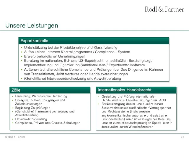 Unsere Leistungen Zölle Internationales Handelsrecht Exportkontrolle Einreihung, Warenstamm, Tarifierung Erlangung Zollvergünstigungen