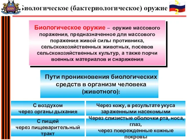 Биологическое оружие – оружие массового поражения, предназначенное для массового поражения живой