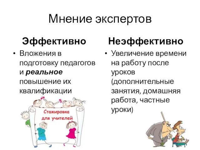 Мнение экспертов Эффективно Вложения в подготовку педагогов и реальное повышение их