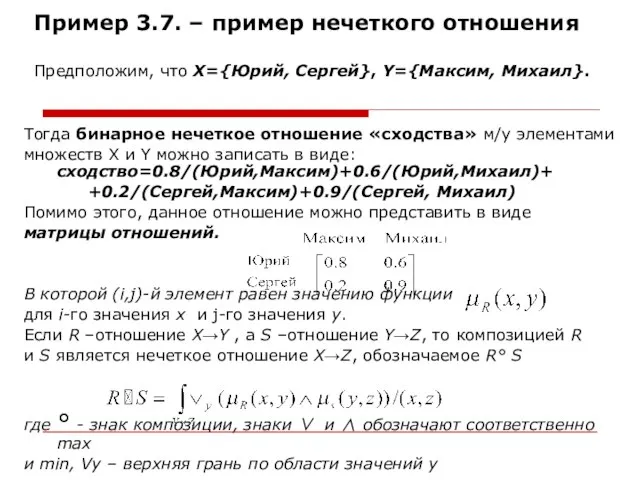 Пример 3.7. – пример нечеткого отношения Предположим, что X={Юрий, Сергей}, Y={Максим,