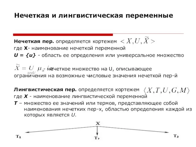 Нечеткая и лингвистическая переменные Нечеткая пер. определяется кортежем где X- наименование