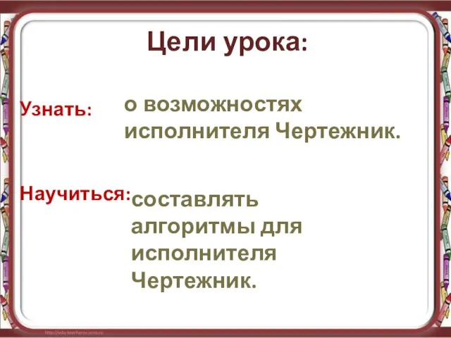 Узнать: Научиться: о возможностях исполнителя Чертежник. составлять алгоритмы для исполнителя Чертежник. Цели урока: