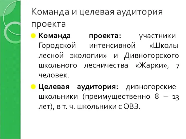 Команда и целевая аудитория проекта Команда проекта: участники Городской интенсивной «Школы