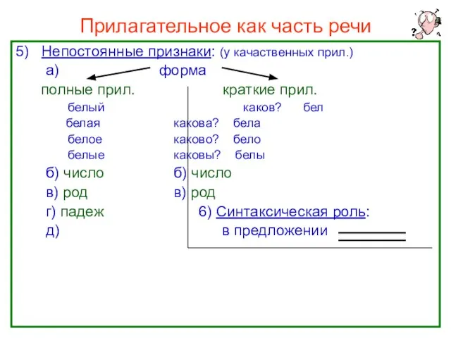 Прилагательное как часть речи 5) Непостоянные признаки: (у качаственных прил.) а)