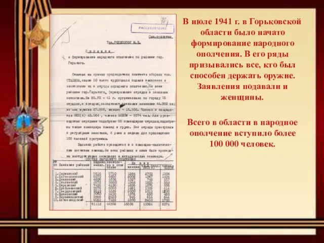 В июле 1941 г. в Горьковской области было начато формирование народного