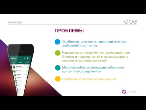 ПРОБЛЕМЫ ПРОБЛЕМЫ Юзабилити: сложность навигации в потоке сообщений и контактов Неразвитость