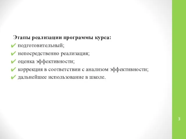 Этапы реализации программы курса: подготовительный; непосредственно реализация; оценка эффективности; коррекция в