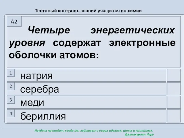 бериллия меди серебра натрия Четыре энергетических уровня содержат электронные оболочки атомов: 1 2 3 4 A2