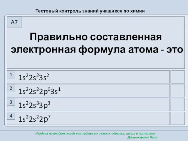 Правильно составленная электронная формула атома - это 1 2 3 4 A7 1s22s23s2 1s22s22p63s1 1s22s33p3 1s22s22р7