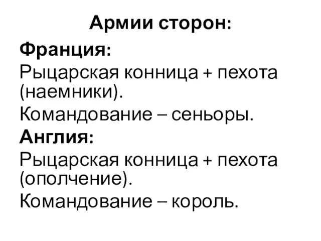 Армии сторон: Франция: Рыцарская конница + пехота (наемники). Командование – сеньоры.