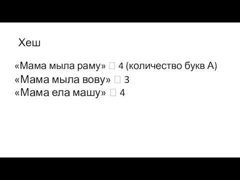 Хеш «Мама мыла раму» ? 4 (количество букв А) «Мама мыла