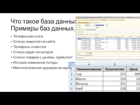 Что такое база данных? Примеры баз данных. Телефонная книга Список новостей