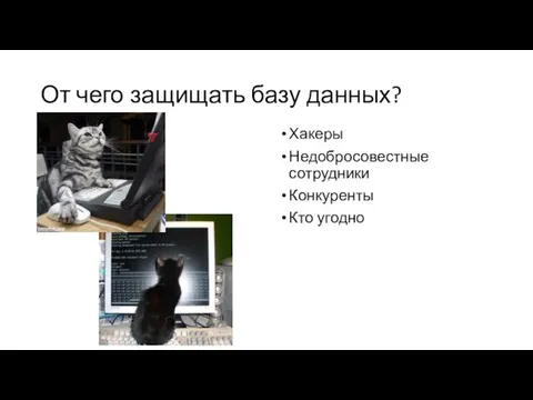 От чего защищать базу данных? Хакеры Недобросовестные сотрудники Конкуренты Кто угодно