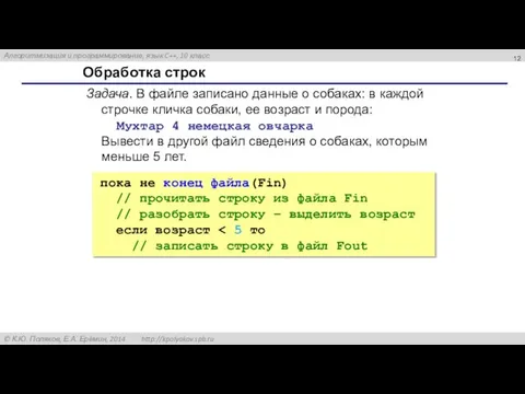 Обработка строк Задача. В файле записано данные о собаках: в каждой