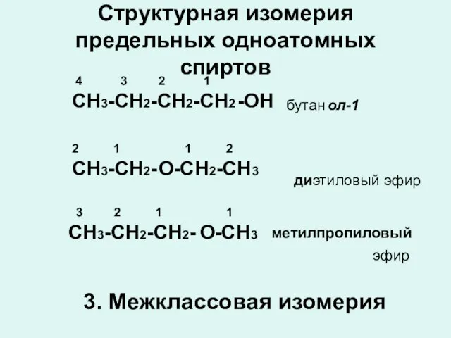 Структурная изомерия предельных одноатомных спиртов СН3-СН2-СН2-СН2 -ОН бутан ол-1 СН3-СН2- О