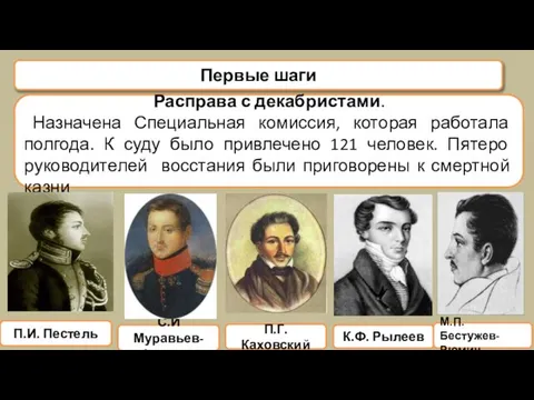 Первые шаги Расправа с декабристами. Назначена Специальная комиссия, которая работала полгода.