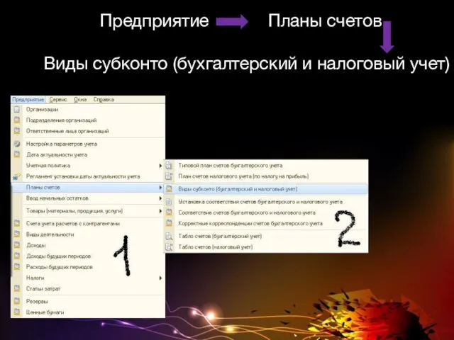 Предприятие Планы счетов Виды субконто (бухгалтерский и налоговый учет)