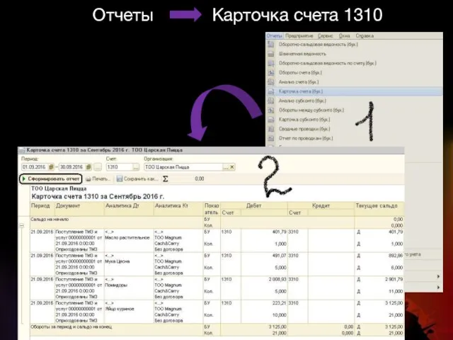 Отчеты Карточка счета 1310