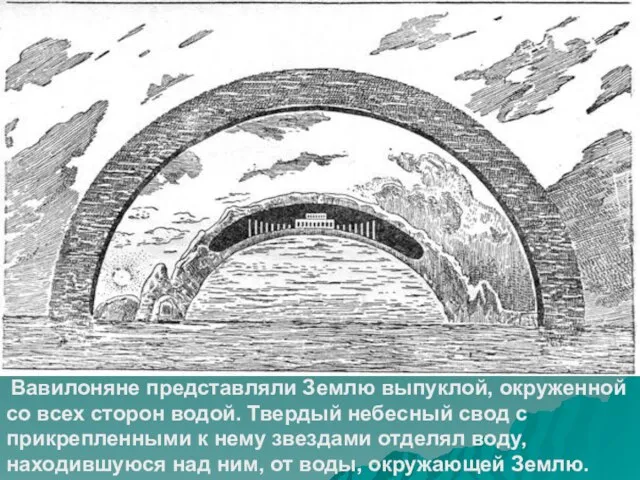 Вавилоняне представляли Землю выпуклой, окруженной со всех сторон водой. Твердый небесный