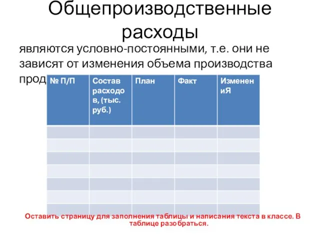 Общепроизводственные расходы являются условно-постоянными, т.е. они не зависят от изменения объема