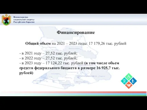 Министерство социальной защиты Республики Карелия Финансирование Общий объем на 2021 –