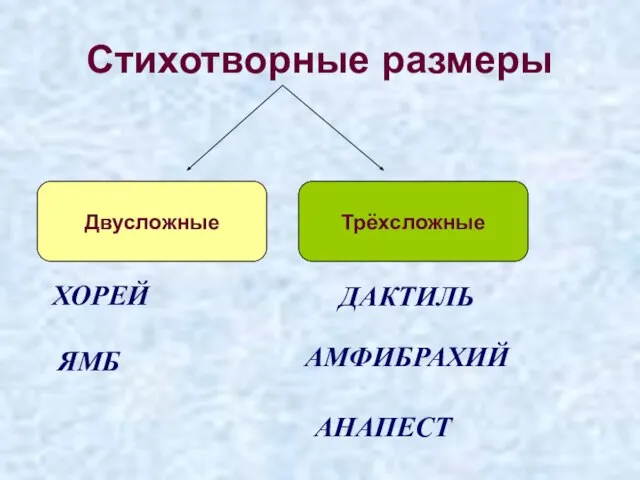 Стихотворные размеры Двусложные Трёхсложные ХОРЕЙ ЯМБ ДАКТИЛЬ АМФИБРАХИЙ АНАПЕСТ