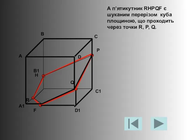 А п’ятикутник RHPQF є шуканим перерізом куба площиною, що проходить через