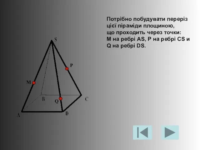 Потрібно побудувати переріз цієї піраміди площиною, що проходить через точки: М