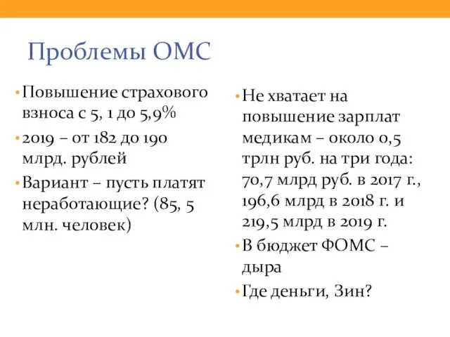 Проблемы ОМС Повышение страхового взноса с 5, 1 до 5,9% 2019