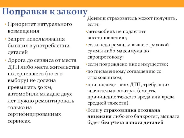 Поправки к закону Приоритет натурального возмещения Запрет использования бывших в употреблении