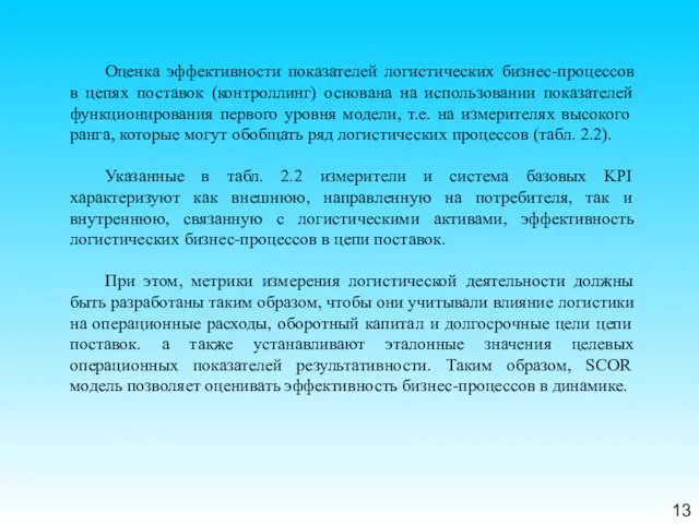 13 Оценка эффективности показателей логистических бизнес-процессов в цепях поставок (контроллинг) основана