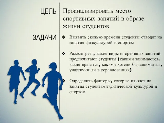 __________________________________________________________ ЦЕЛЬ ЗАДАЧИ Проанализировать место спортивных занятий в образе жизни студентов