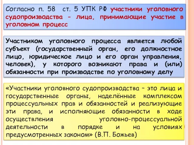 Согласно п. 58 ст. 5 УПК РФ участники уголовного судопроизводства -