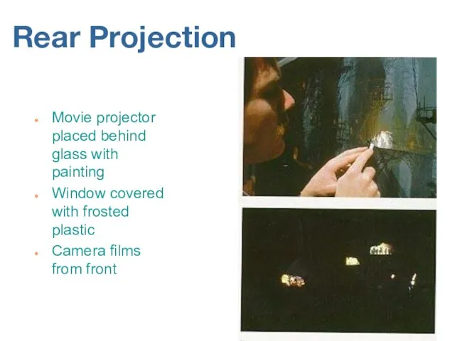 Rear Projection Movie projector placed behind glass with painting Window covered
