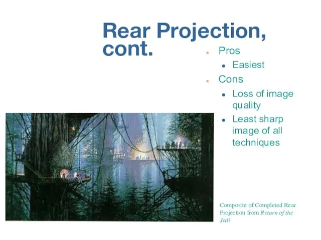 Rear Projection, cont. Pros Easiest Cons Loss of image quality Least