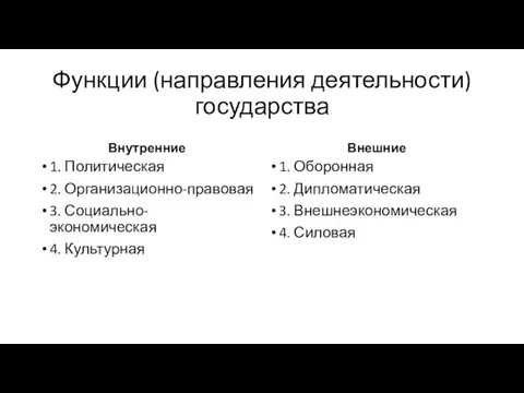 Функции (направления деятельности) государства Внутренние 1. Политическая 2. Организационно-правовая 3. Социально-экономическая