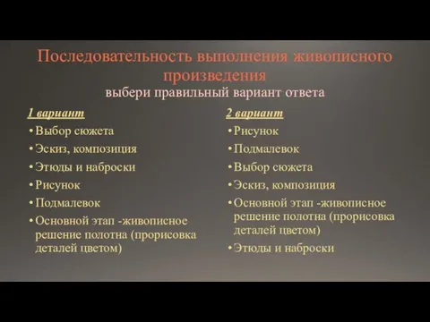 Последовательность выполнения живописного произведения выбери правильный вариант ответа 1 вариант Выбор