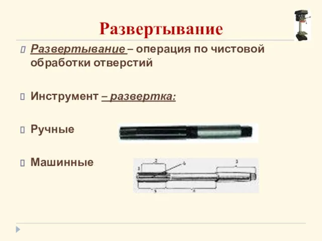 Развертывание Развертывание – операция по чистовой обработки отверстий Инструмент – развертка: Ручные Машинные