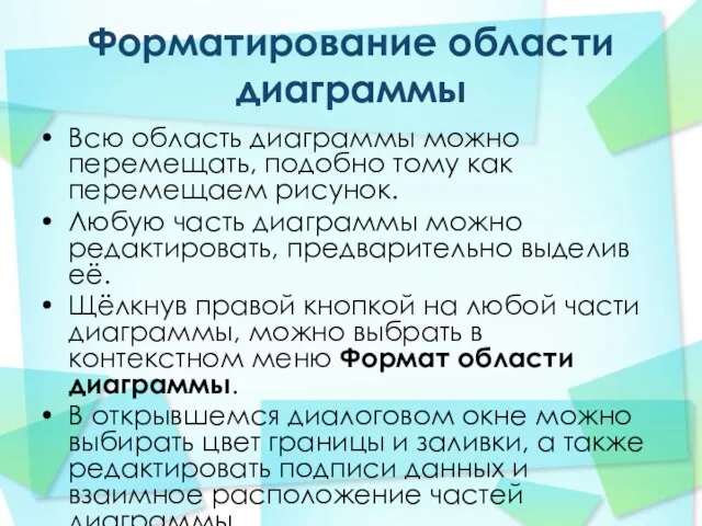 Форматирование области диаграммы Всю область диаграммы можно перемещать, подобно тому как