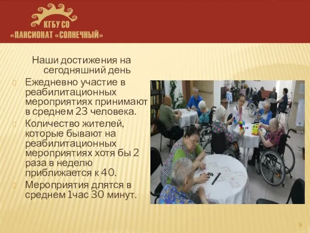 Наши достижения на сегодняшний день Ежедневно участие в реабилитационных мероприятиях принимают