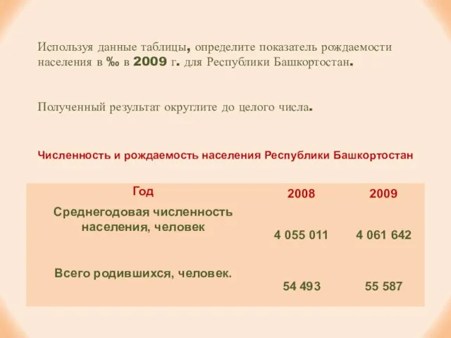 Используя данные таблицы, определите показатель рождаемости населения в ‰ в 2009