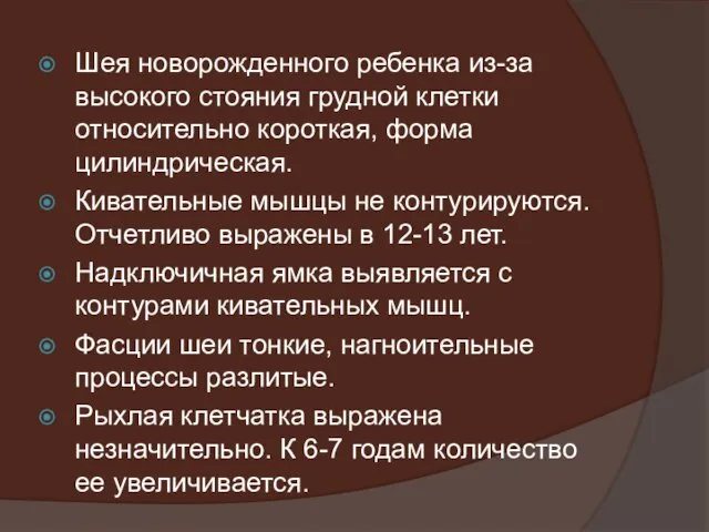 Шея новорожденного ребенка из-за высокого стояния грудной клетки относительно короткая, форма