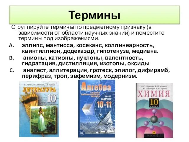 Термины Сгруппируйте термины по предметному признаку (в зависимости от области научных