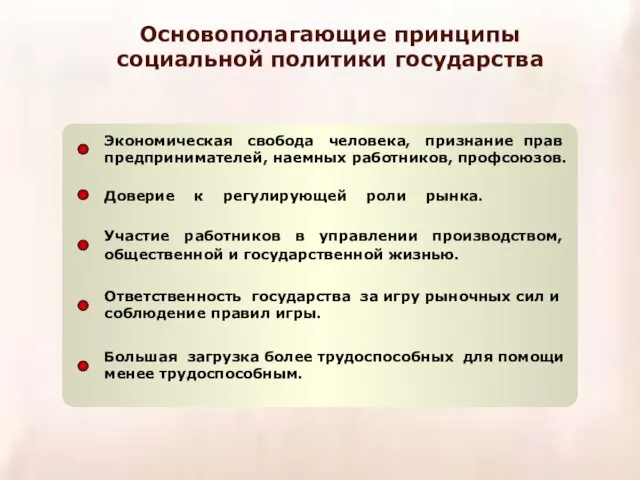 Основополагающие принципы социальной политики государства Экономическая свобода человека, признание прав предпринимателей,