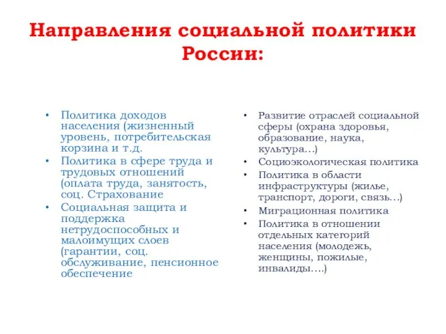 Направления социальной политики России: Политика доходов населения (жизненный уровень, потребительская корзина